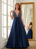 A-Line/Princess Satin Beading V-neck Sleeveless Sweep/Brush Train Dresses Prom Evening Dress
