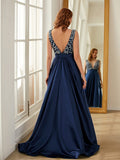 A-Line/Princess Satin Beading V-neck Sleeveless Sweep/Brush Train Dresses Prom Evening Dress