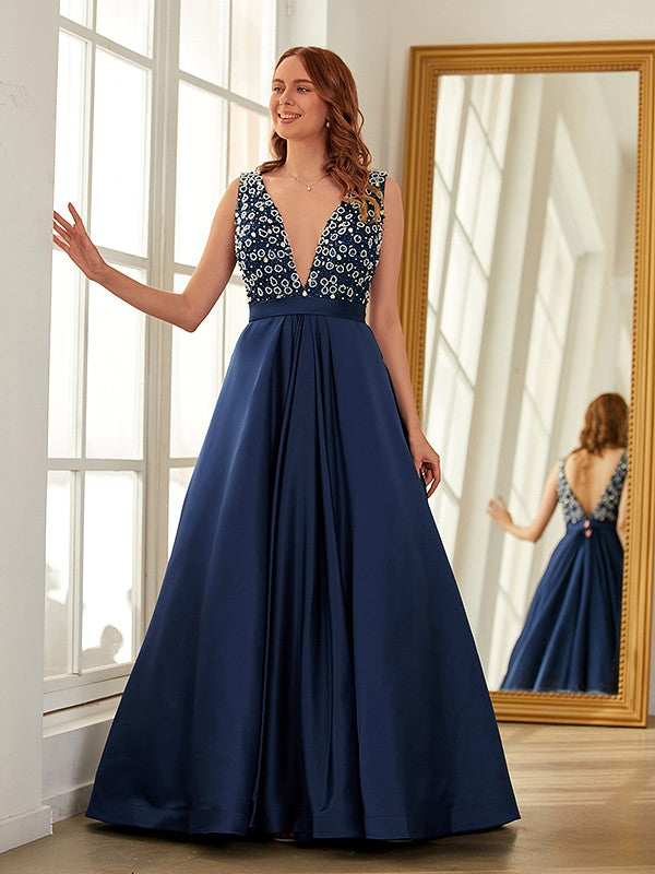 A-Line/Princess Satin Beading V-neck Sleeveless Sweep/Brush Train Dresses Prom Evening Dress