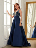 A-Line/Princess Satin Beading V-neck Sleeveless Sweep/Brush Train Dresses Prom Evening Dress