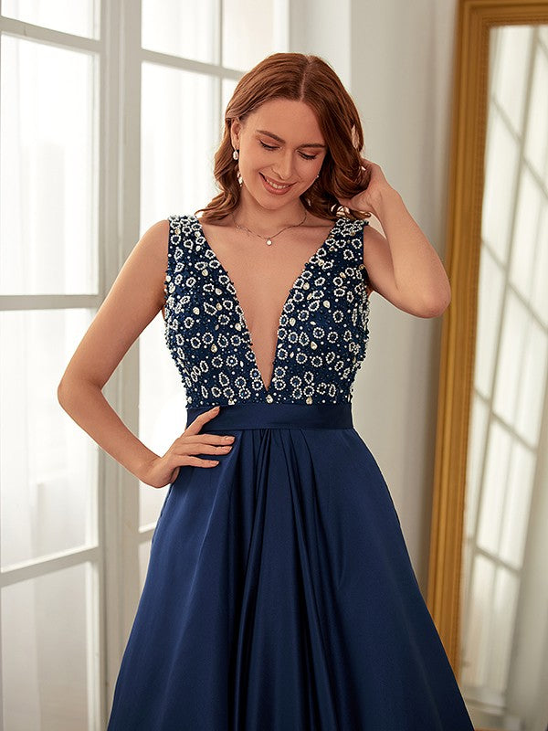 A-Line/Princess Satin Beading V-neck Sleeveless Sweep/Brush Train Dresses Prom Evening Dress