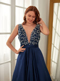 A-Line/Princess Satin Beading V-neck Sleeveless Sweep/Brush Train Dresses Prom Evening Dress
