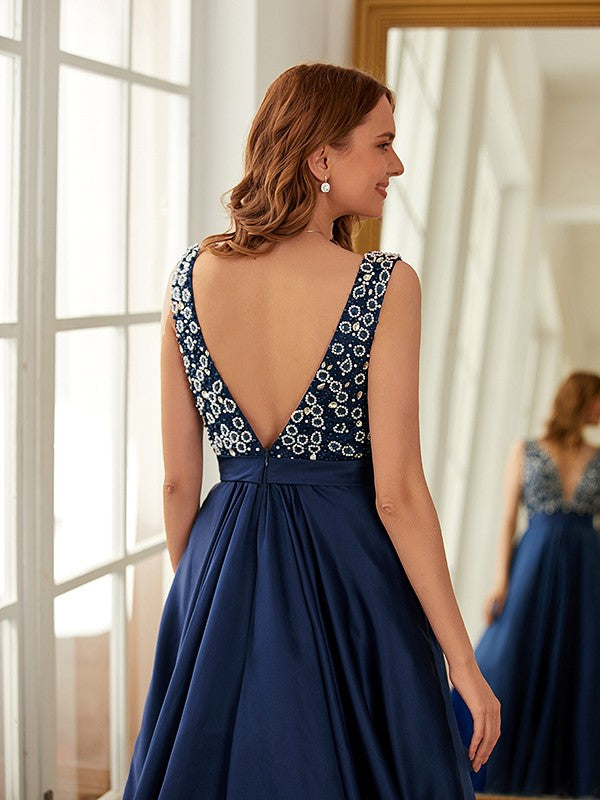 A-Line/Princess Satin Beading V-neck Sleeveless Sweep/Brush Train Dresses Prom Evening Dress