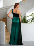 Sheath/Column Velvet Sequins Ruched One-Shoulder Sleeveless Floor-Length Dresses Prom Evening Dress