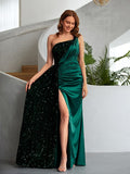 Sheath/Column Velvet Sequins Ruched One-Shoulder Sleeveless Floor-Length Dresses Prom Evening Dress
