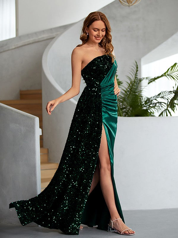 Sheath/Column Velvet Sequins Ruched One-Shoulder Sleeveless Floor-Length Dresses Prom Evening Dress