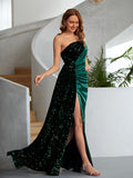 Sheath/Column Velvet Sequins Ruched One-Shoulder Sleeveless Floor-Length Dresses Prom Evening Dress
