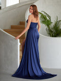 Sheath/Column Silk like Satin Ruched Sweetheart Sleeveless Floor-Length Dresses Prom Evening Dress