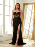 Sheath/Column Tulle Applique Sweetheart Sleeveless Sweep/Brush Train Dresses Prom Evening Dress