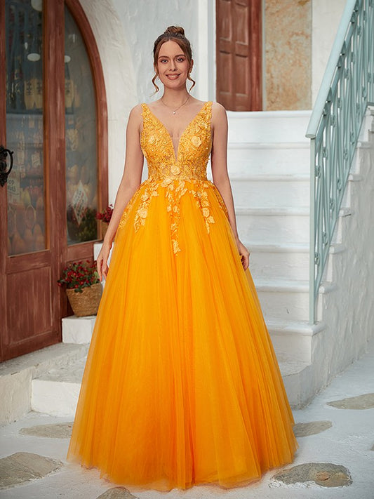 A-Line/Princess Tulle Applique V-neck Sleeveless Floor-Length Dresses Prom Evening Dress