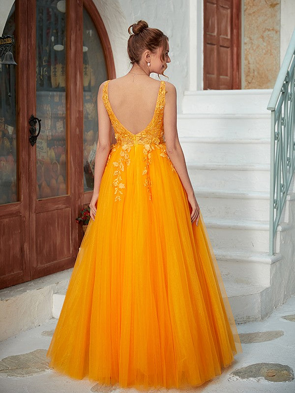 A-Line/Princess Tulle Applique V-neck Sleeveless Floor-Length Dresses Prom Evening Dress