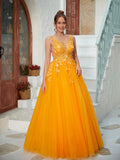 A-Line/Princess Tulle Applique V-neck Sleeveless Floor-Length Dresses Prom Evening Dress