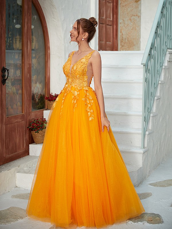A-Line/Princess Tulle Applique V-neck Sleeveless Floor-Length Dresses Prom Evening Dress