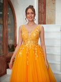 A-Line/Princess Tulle Applique V-neck Sleeveless Floor-Length Dresses Prom Evening Dress