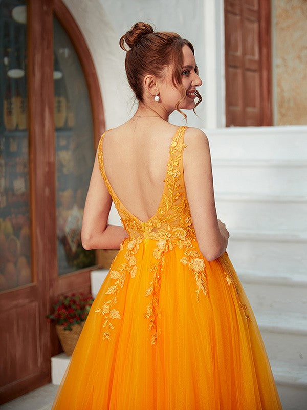 A-Line/Princess Tulle Applique V-neck Sleeveless Floor-Length Dresses Prom Evening Dress
