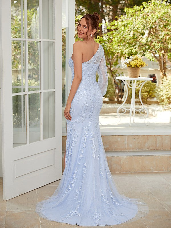 Sheath/Column Tulle Applique One-Shoulder Long Sleeves Sweep/Brush Train Dresses Prom Evening Dress
