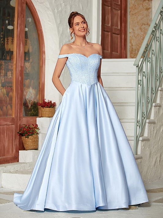 Ball Gown Satin Beading Off-the-Shoulder Sleeveless Sweep/Brush Train Evening Dresses Prom Dress
