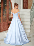 Ball Gown Satin Beading Off-the-Shoulder Sleeveless Sweep/Brush Train Evening Dresses Prom Dress