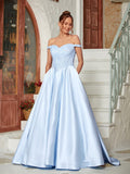 Ball Gown Satin Beading Off-the-Shoulder Sleeveless Sweep/Brush Train Evening Dresses Prom Dress