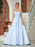 Ball Gown Satin Beading Off-the-Shoulder Sleeveless Sweep/Brush Train Evening Dresses Prom Dress