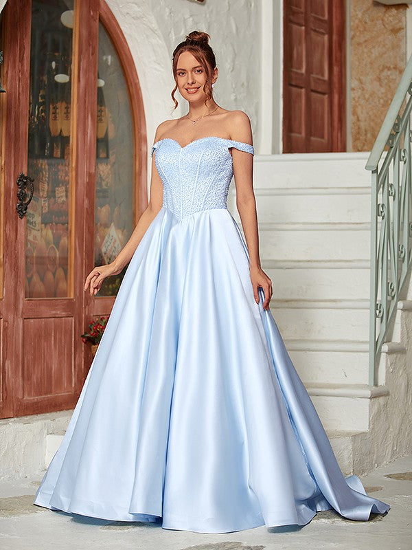 Ball Gown Satin Beading Off-the-Shoulder Sleeveless Sweep/Brush Train Evening Dresses Prom Dress