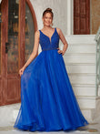A-Line/Princess Organza Beading V-neck Sleeveless Floor-Length Dresses Prom Evening Dress