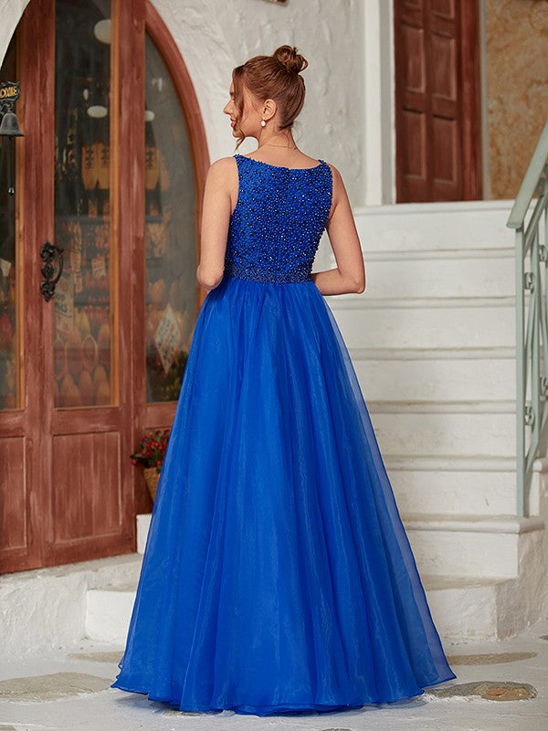 A-Line/Princess Organza Beading V-neck Sleeveless Floor-Length Dresses Prom Evening Dress