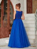 A-Line/Princess Organza Beading V-neck Sleeveless Floor-Length Dresses Prom Evening Dress