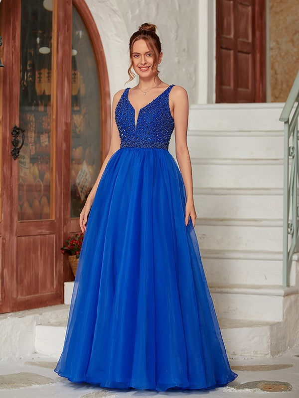A-Line/Princess Organza Beading V-neck Sleeveless Floor-Length Dresses Prom Evening Dress