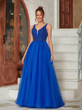 A-Line/Princess Organza Beading V-neck Sleeveless Floor-Length Dresses Prom Evening Dress