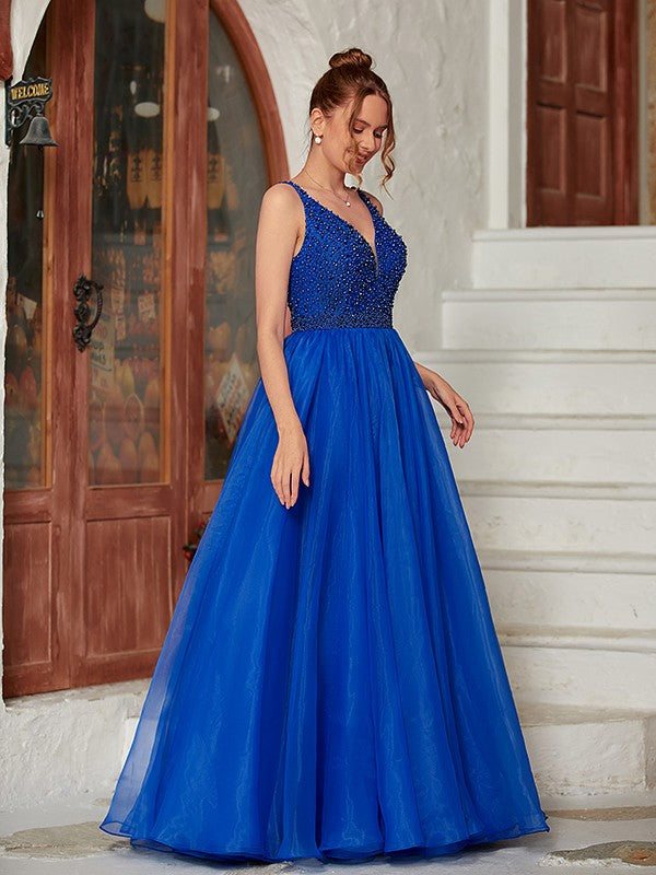 A-Line/Princess Organza Beading V-neck Sleeveless Floor-Length Dresses Prom Evening Dress
