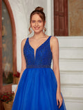 A-Line/Princess Organza Beading V-neck Sleeveless Floor-Length Dresses Prom Evening Dress
