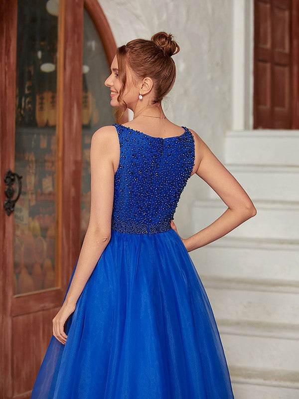 A-Line/Princess Organza Beading V-neck Sleeveless Floor-Length Dresses Prom Evening Dress