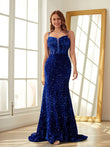 Sheath/Column Velvet Sequins Ruffles Spaghetti Straps Sleeveless Sweep/Brush Train Dresses Prom Evening Dress