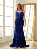 Sheath/Column Velvet Sequins Ruffles Spaghetti Straps Sleeveless Sweep/Brush Train Dresses Prom Evening Dress
