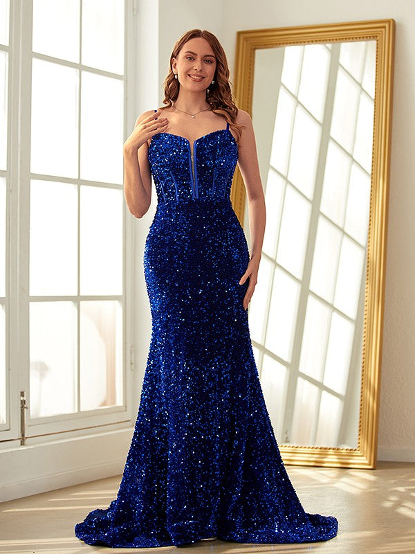 Sheath/Column Velvet Sequins Ruffles Spaghetti Straps Sleeveless Sweep/Brush Train Dresses Prom Evening Dress