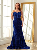 Sheath/Column Velvet Sequins Ruffles Spaghetti Straps Sleeveless Sweep/Brush Train Dresses Prom Evening Dress