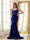 Sheath/Column Velvet Sequins Ruffles Spaghetti Straps Sleeveless Sweep/Brush Train Dresses Prom Evening Dress