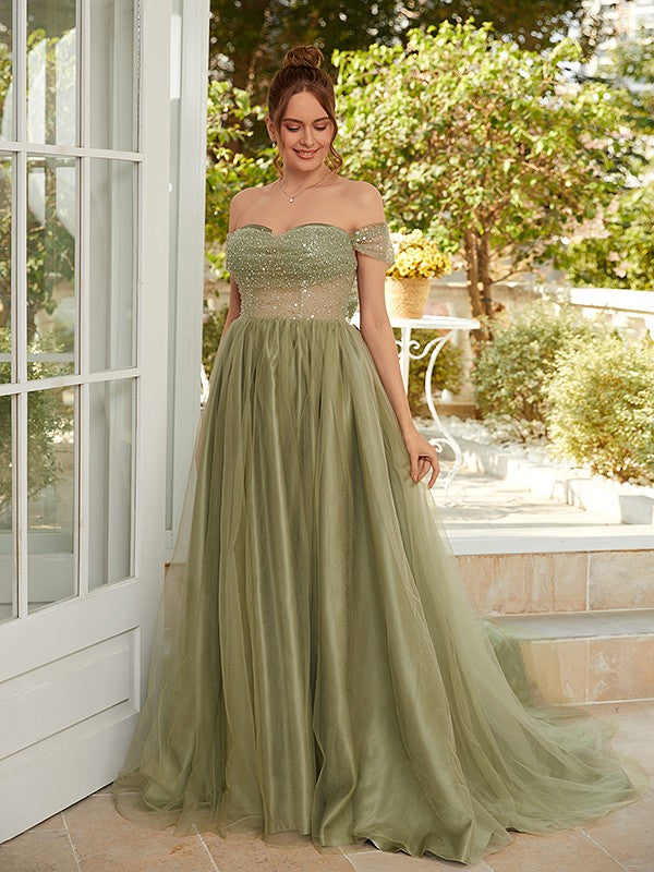 A-Line/Princess Tulle Ruched Off-the-Shoulder Sleeveless Court Train Dresses Prom Evening Dress