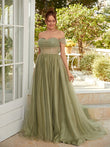 A-Line/Princess Tulle Ruched Off-the-Shoulder Sleeveless Court Train Dresses Prom Evening Dress
