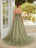 A-Line/Princess Tulle Ruched Off-the-Shoulder Sleeveless Court Train Dresses Prom Evening Dress