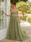 A-Line/Princess Tulle Ruched Off-the-Shoulder Sleeveless Court Train Dresses Prom Evening Dress