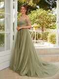 A-Line/Princess Tulle Ruched Off-the-Shoulder Sleeveless Court Train Dresses Prom Evening Dress