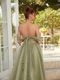 A-Line/Princess Tulle Ruched Off-the-Shoulder Sleeveless Court Train Dresses Prom Evening Dress