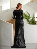 Sheath/Column Sequins Ruched V-neck Long Sleeves Sweep/Brush Train Dresses Prom Evening Dress