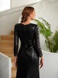 Sheath/Column Sequins Ruched V-neck Long Sleeves Sweep/Brush Train Dresses Prom Evening Dress
