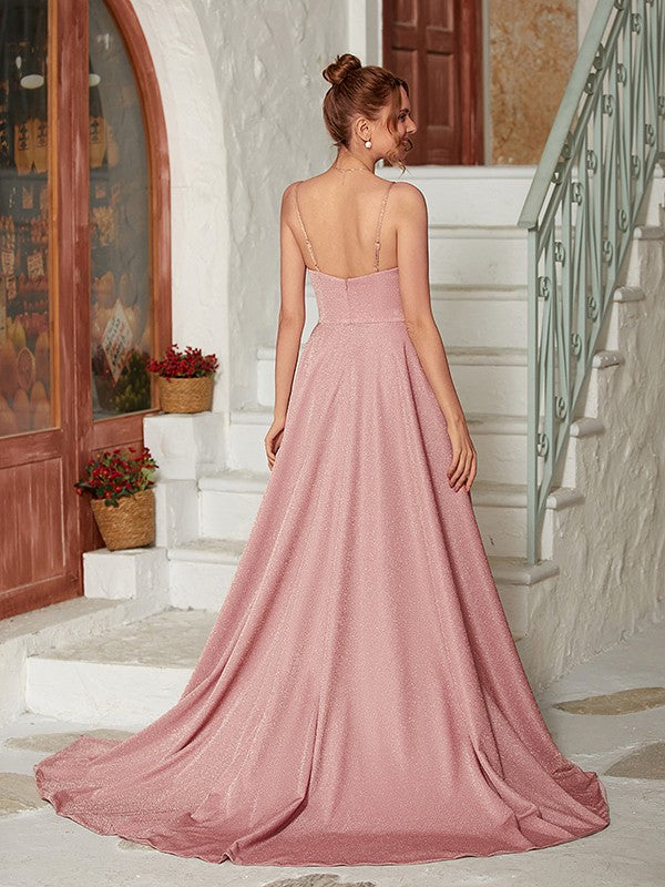 A-Line/Princess Ruffles Spaghetti Straps Sleeveless Sweep/Brush Train Dresses Prom Evening Dress