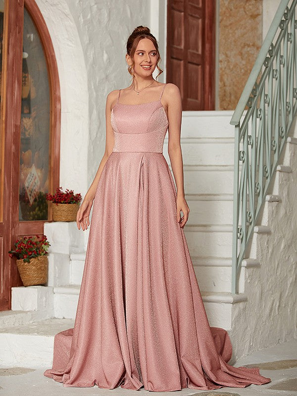 A-Line/Princess Ruffles Spaghetti Straps Sleeveless Sweep/Brush Train Dresses Prom Evening Dress