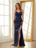 Sheath/Column Charmeuse Ruched V-neck Sleeveless Sweep/Brush Train Dresses Prom Evening Dress