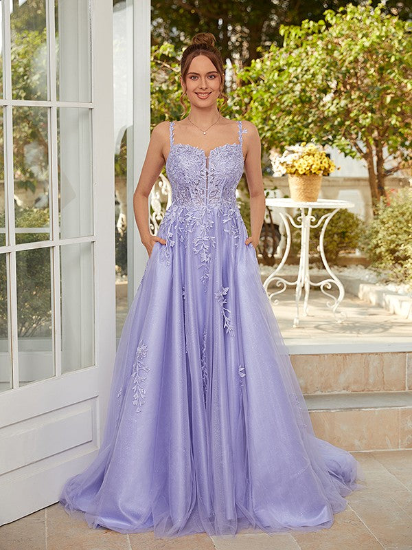 A-Line/Princess Tulle Applique Straps Sleeveless Court Train Dresses Prom Evening Dress